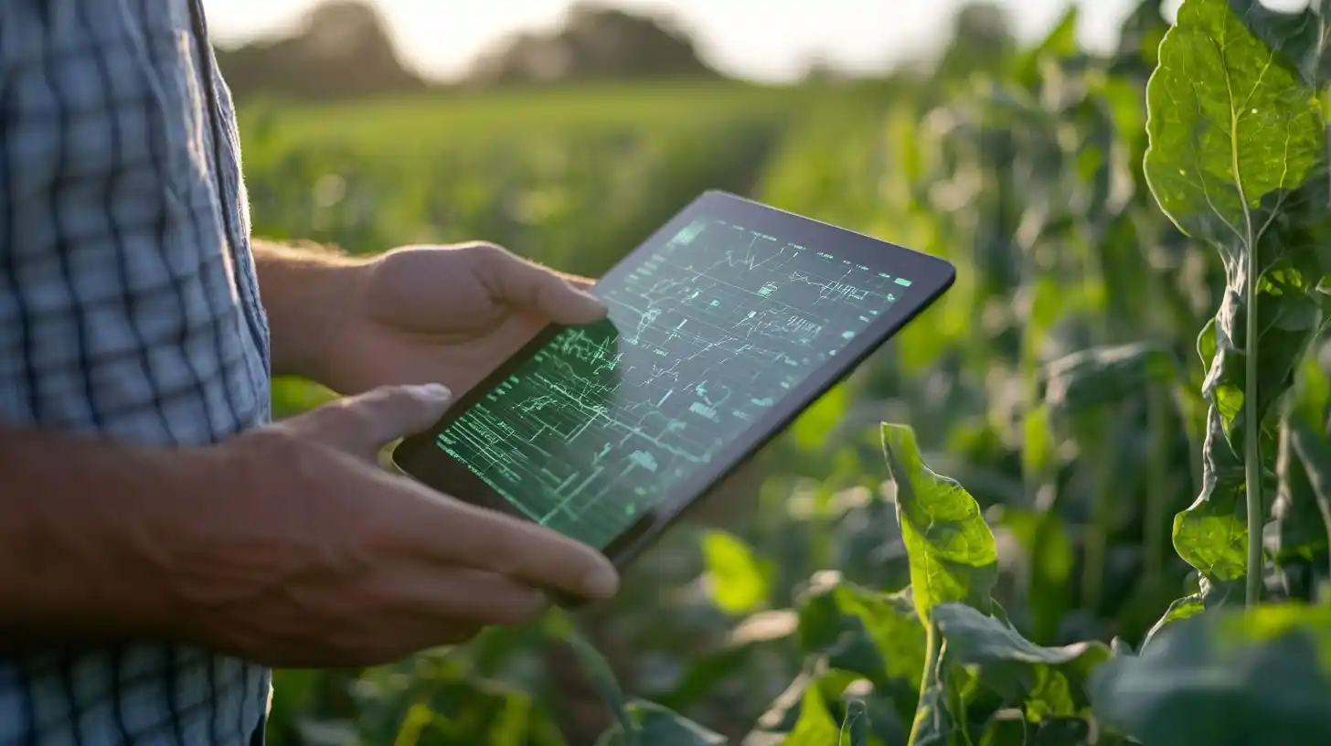 Mann ser på nettbrett ute i naturen